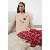 Trendyol Salmon Plaid Christmas Themed Polar Fleece Knitted Pajamas Set