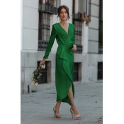 Elegantna midi obleka na preklop z volančki in 3/4 rokavi Brynlee, temno zelena