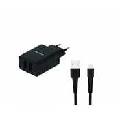 SWISSTEN punjac za AC220, 2xUSB, 2.1A, SMART IC, crni + USB-C kabel