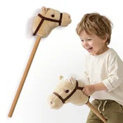 Mamabrum Bež Plišasti Konjiček na Palici z Vajetmi za Otroke - Dolžina 80 cm, Mehka Glava, Starost od 18 Mesecev, Gibalna Igra