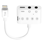 AVIZAR 4 v 1 Lightning to Double Jack 3,5 mm/Lightning/USB-C avdio in polnilni adapter 12 cm, gumbi za upravljanje razdelilnika, HL-108 - bel, (20630960)