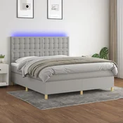 Greatstore Box spring postelja z vzmetnico LED sv. siva 160x200 cm blago