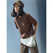 Sinsay - Pamucna bluza sa cipkastim detaljima i asimetricnim porubom - braon