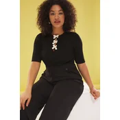 Trendyol Curve Black Bow/Ribbon Detailed Ribbed Knit Blouse
