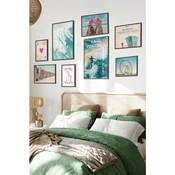 WallXpert set od 8 manjih uramljenih slika Çgs-004, obalni kaubojski motivi – kaubojke na plaži, surf, spasilacka kucica i panoramski tocak, crni ram