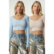 Happiness Istanbul Womens Biscuit Baby Blue V-Neck 2-Pack Crop Top