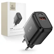Tech-protect USB-C PD 20 W/USB-A QC 3.0 omrežni polnilnik – črn