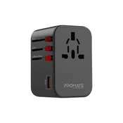 Promate univerzalni adapter - TRIPMATE GAN65 (1xUSB-A, 2xUSB-C, 65W PD, QC3.0, utikac za SAD/UK/EU, crni) TRIPMATE-GAN65