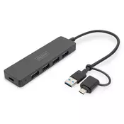 USB 3.0 Hub 4-Port, Slimline with USB-C Adapter, 5Gbps, 0,2m cable