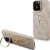 Guess PU 4G Metal Logo stojalo okvir kamere zadnji pokrov za iPhone 15 Pro Max roza