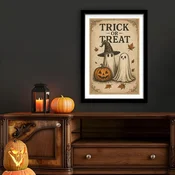 WallXpert uramljena slika 3752HALCT-001, natpis Trick or Treat sa dva duha i bundevom u retro stilu, 37 x 52 cm, crni ram
