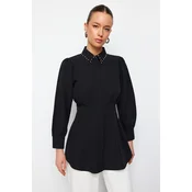 Trendyol Black Waist Fitted Pearl Detail Woven Shirt