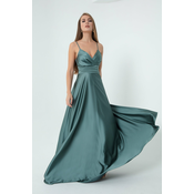 Lafaba Womens Turquoise Rope Strap Satin Long Evening Dress with Waist Belt & Graduation Dress