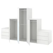 PLATSA Garderober s 3 vrata i 6 fioka, bela STRAUMEN staklo ogledala/FONNES bela, 300x57x181 cm