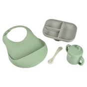 Jedálenská súprava Silicone Meal Essentials Set Beaba s hrncekom a tanierom s lyžickou a podbradník zeleno-sivá od 8 mes BE913556