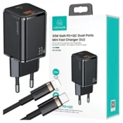 USAMS Omrežni polnilnik USAMS 1xUSB-C + 1xUSB T43 33WPD3.0 + QC3.0 + U63 kabel USB-C na Lightning črne barve USKTZ01