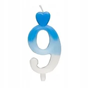 Sveča v obliki srca številka 9 modro-bela 6 5 cm