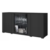 150 cm komoda za dnevno sobo, moderna vitrina s steklom, črna mat, z LED osvetlitvijo