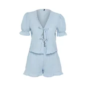 Trendyol Blue Cotton Textured Gingham Pajama Set with Ribbon/Bow Detail