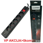 SPG5-B-6(3G1.5)**Gembird produzni kabl sa zastitom 5 uticnica, 5V/3.1A USB-A+C 16A/3500W 1.8m Black