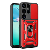 slomart Ohišje Hybrid Armor Camshield z zaščito kamere in kovinskim obročem za Samsung Galaxy S25 Ultra - rdeče