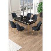 Hanah Home trpezarijski set Pale, sto na razvlacenje i 6 stolica, ploca u dekoru crnog mermera, zlatne noge, antracit tkanina Babyface