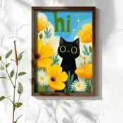 WallXpert uramljena MDF slika NAL015-70, crna macka medu žutim cvecem sa natpisom hi, 50 x 70 cm