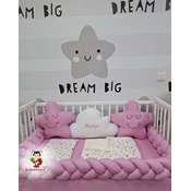 Bubamara037 Set za krevetac sa ogradicom od pletenica, sa lastišom, Roze-Beli