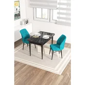 Hanah Home trpezarijski set Arp, sto i 2 stolice, ploca u dekoru crnog mermera, tirkizna tkanina Babyface