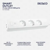 DELTACO SMART HOME Produžni kabel, WiFi 2.4GHz, 3xCEE 7/3, 2xUSB-A, 13A, 220-240V, 1.5m, BIJEL