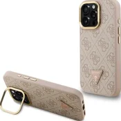 Guess PU 4G Strass Triangle Logo Stojalo Okvir Kamere MagSafe Zadnji Pokrov za iPhone 15 Pro Max Pink