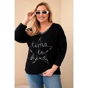 Kesi Włoski Plus Size womens blouse distressed with print and pearls black