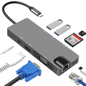 INF 9-v-1 USB-C Hub z USB 3.0, HDMI, RJ45, čitalnik kartic SD/TF, 100 W PD, VGA, (21537672)