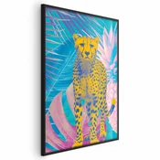 shumee Eksotični leopardji plakat - barvit portret geparda na ozadju tropskih listov