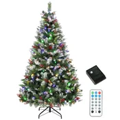 HOMCOM Sneženo božično drevo 210cm, 400 LED luči 2 barv, gosta realistična jelka, daljinski upravljalnik, 11 načinov, 1253 negorljive veje, storži, rdeče jagode, zložljivo jekleno podnožje, enostavna montaža