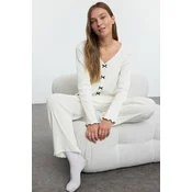 Trendyol Ecru Cotton Lace and Ribbon/Bow Detailed Ribbed Knitted Pajama Set
