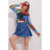 Trend Alaçati Stili Womens Blue Crew Neck Digital Patterned Side Gathered Tulle Crop Blouse