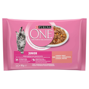 PURINA ONE Multipack 4x85g JUNIOR mini stekleničke z lososom in korenčkom v soku
