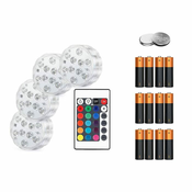 Netscroll Komplet 2v 1: 4 vodoodporne LED luči z daljinskim upravljanjem, idealne za bazene, akvarije, fontane, zabave + 12x AAA baterij visoke učinkovitosti z bonus CR2025 baterijo, GlowBundle