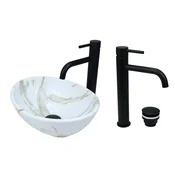 shumee GTM Design Aufsatzwaschbecken 34 cm Glanz Set mit Waschtischbatterie und Stopfen - Aufsatzwaschbecken Oval für Badezimmer - Modern Waschbecken ohne Hahnloch - Waschbecken mit Armature