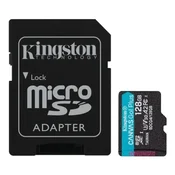 Kingston MicroSDXC 128 GB Canvas Go! Plus, R:200/W:160MB/s, razred 10, UHS-I, U3, V30, A2   adapter