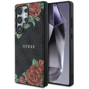Mikrofon Guess Usnjen 4G ovitek z rožnatim tiskom in kovinskim klasičnim logotipom MagSafe za Samsung Galaxy S25 Ultra črne barve (GUHMS25LP4ROPEMCK)
