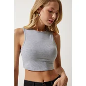 Happiness Istanbul Womens Gray Barbell Neck Crop Knitted Blouse