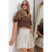 Trend Alaçati Stili Womens Brown Square Neck Watermelon Sleeve Gimped Crop Linen Blouse