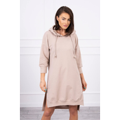 Dress with a hood and a longer back in beige color