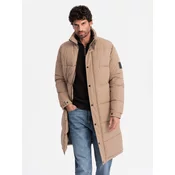 Ombre Mens quilted long jacket with detachable hood - beige