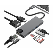 E-GREEN Adapter USB 3.1 Type-C na HDMI+VGA+2X 3.0 USB + Type-C + SD + RJ45