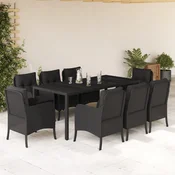 9-dijelni vrtni blagovaonski set s jastucima crni od poliratana Crna Dužina stola 190 cm