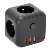 Razdelnik sa prekidacem LINEA, 3x230 V + 4x USB-A/USB-C, crni