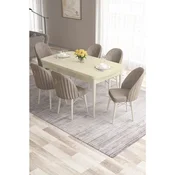 Hanah Home trpezarijski set Roz, sto na razvlacenje i 6 stolica, krem ploca, bele noge, kapucino tkanina Babyface
